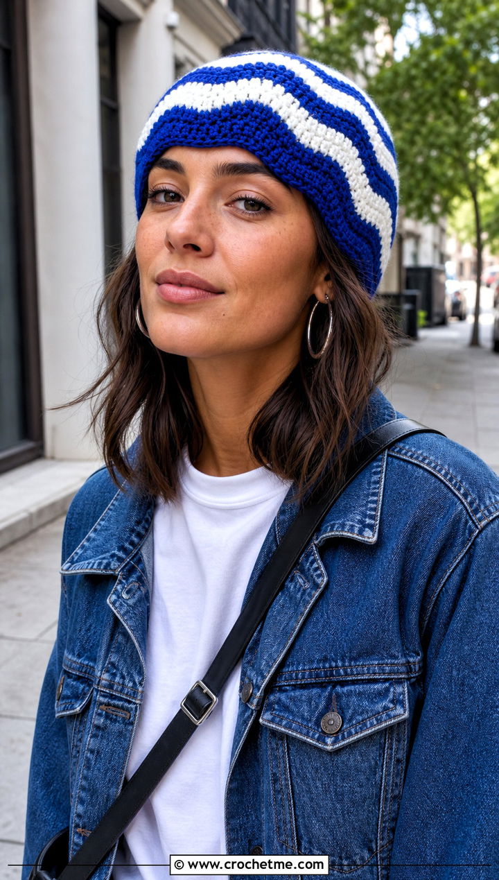 Ripple Stripe Wavy Crochet Beanie With Denim Jacket - 20 Wavy Crochet Beanie outfit ideas