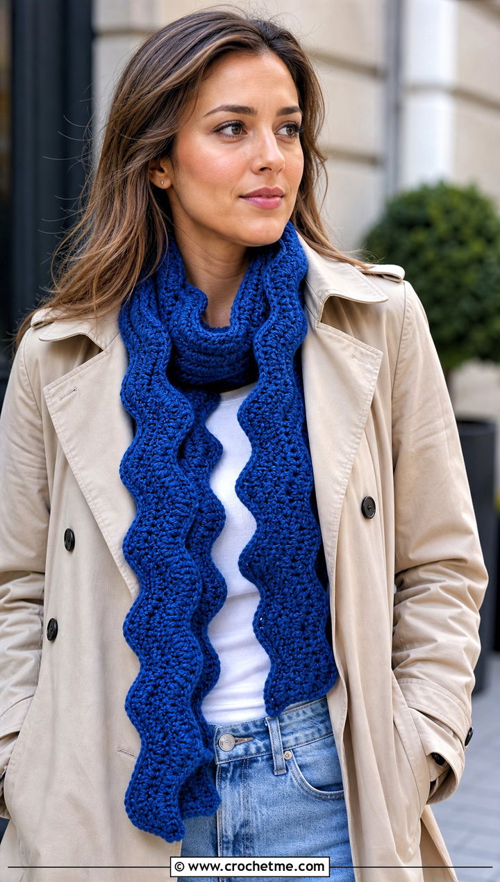 Ripple Wavy Crochet Scarf With Trench Coat and Jeans - 25 wavy crochet scarf outfit ideas