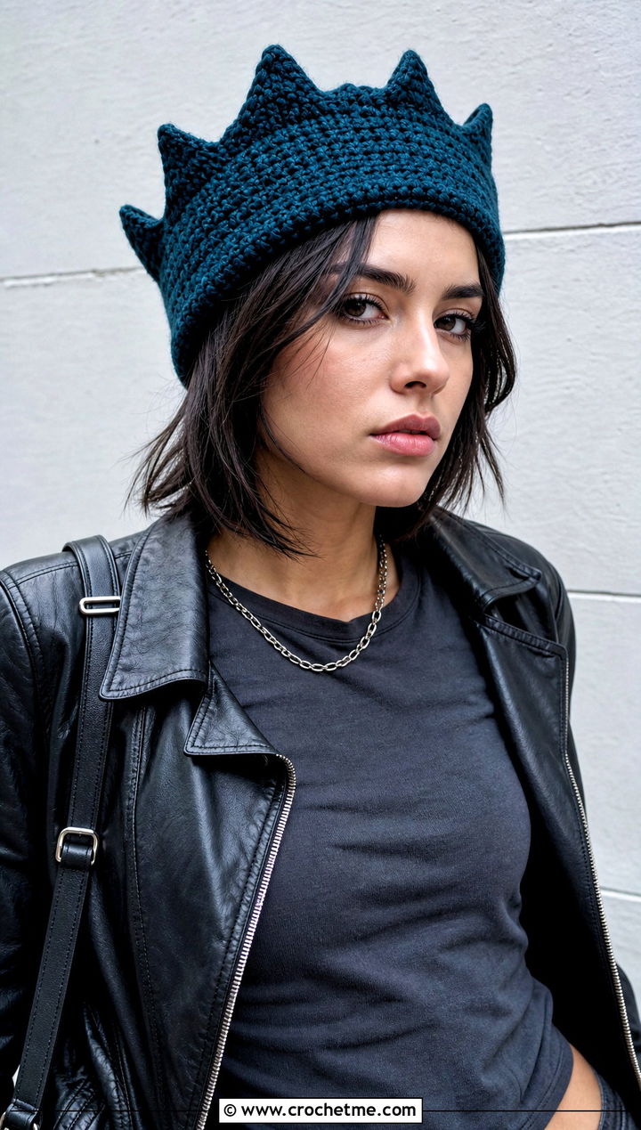 Riverdale Crown Crochet Jughead Beanie With Leather Jacket - 15 Crochet Jughead Beanie outfit ideas