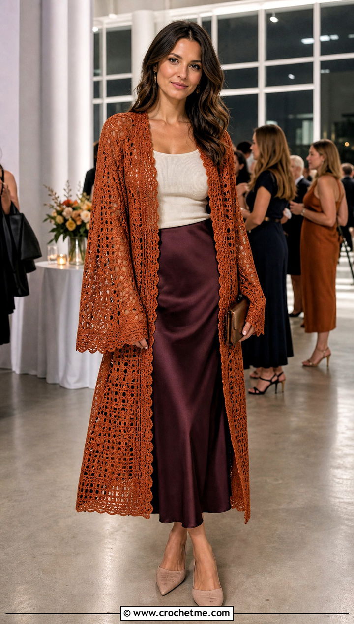 Robe Length Crochet Kimono With Satin Skirt - 25 easy crochet kimono outfit ideas