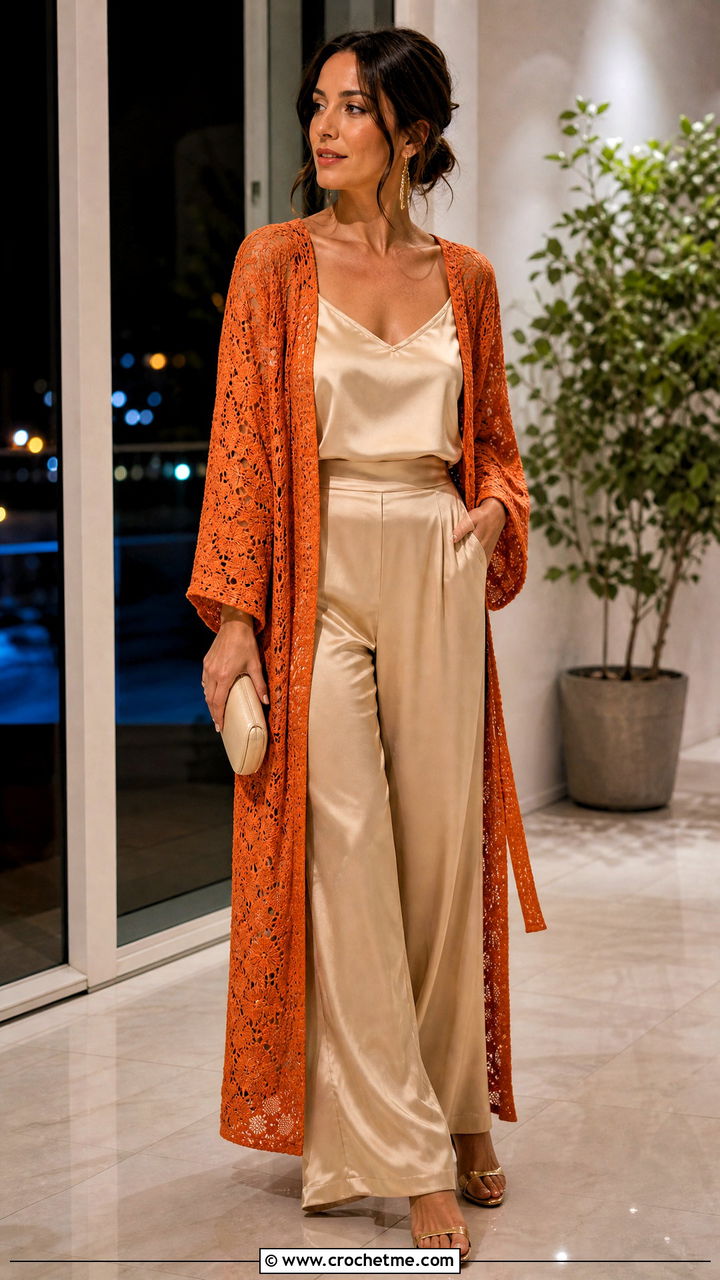 Robe Style Crochet Kimono With Satin Trousers - 35 crochet kimono outfit ideas