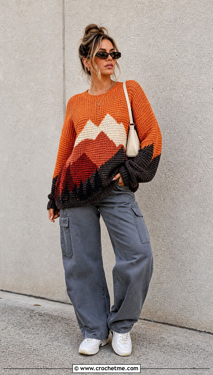 Rocky Mountains Colorblock Pullover With Cargo Pants - 15 Crochet Mountain Sweater outfit ideas