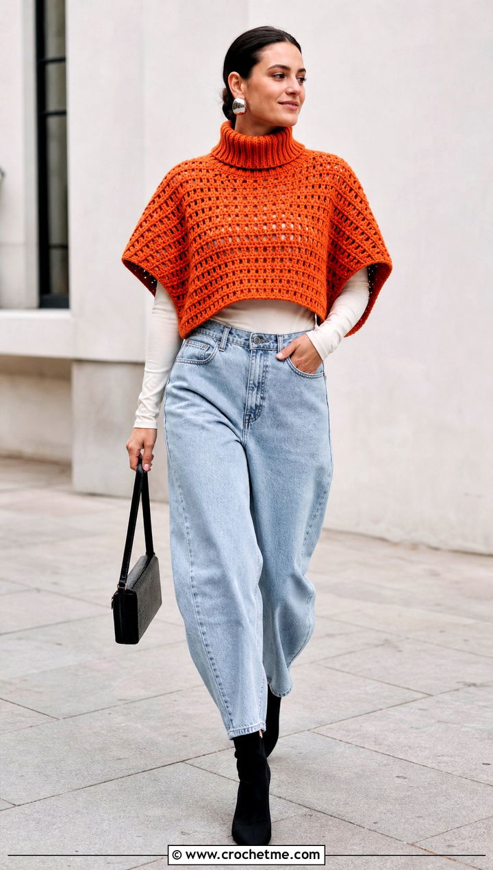 Roll Neck Crochet Poncho With Barrel Jeans - 25 Crochet Poncho With Collar outfit ideas