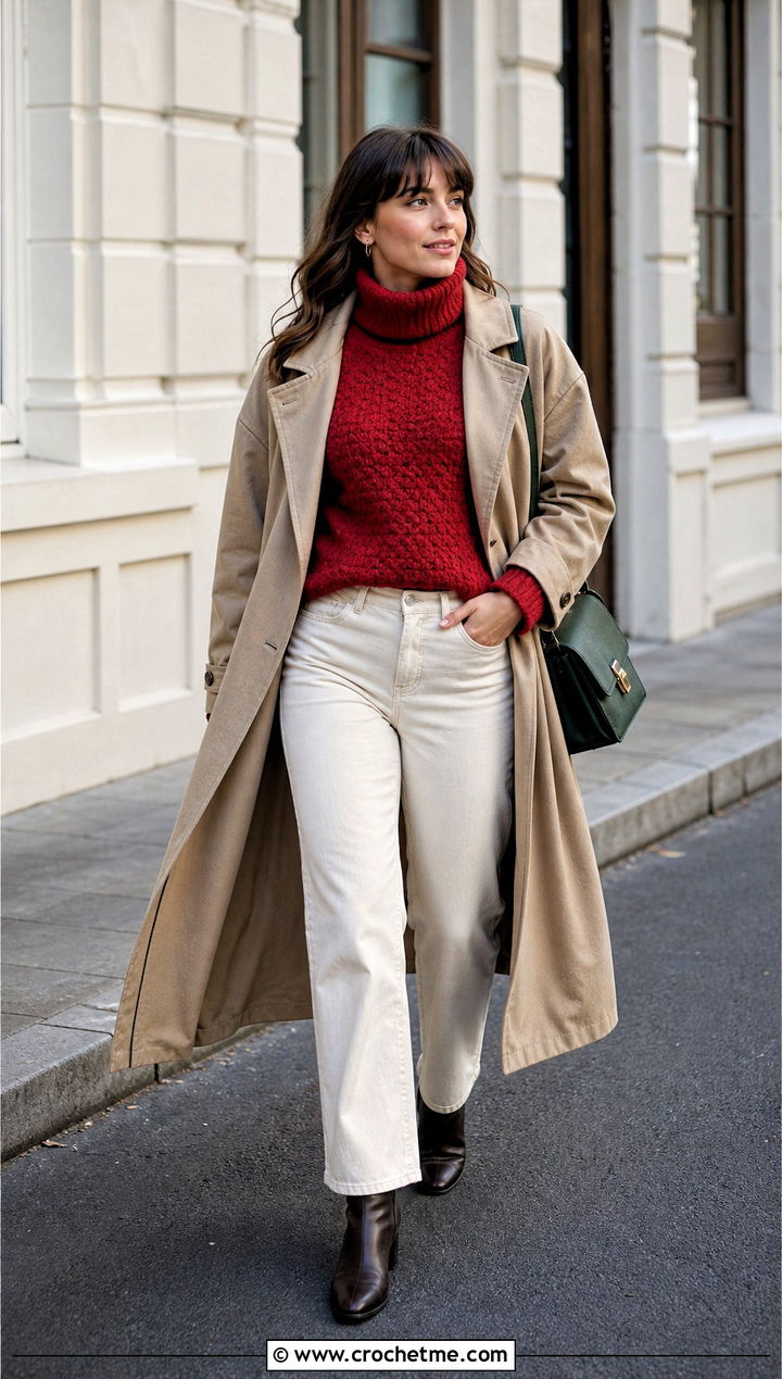 Roll Neck Crochet Turtleneck Sweater With Trench Coat - 30 crochet turtleneck sweater outfit ideas