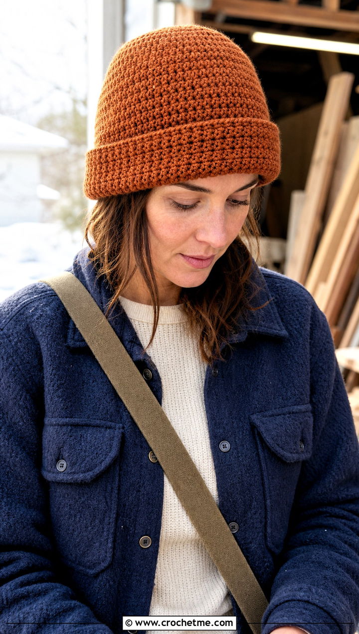 Roll Up Crochet Beanie With Shacket - 30 winter crochet beanie outfit ideas