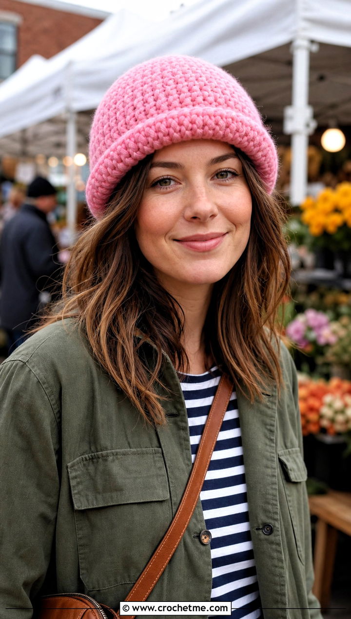 Rolled Brim Blanket Yarn Crochet Beanie With Chore Jacket - 15 blanket yarn crochet beanie outfit ideas