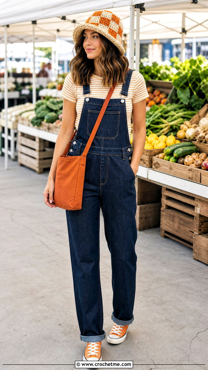 Rolled Brim Checkered Crochet Bucket Hat With Denim Overalls - 35 crochet checkered bucket hat outfit ideas