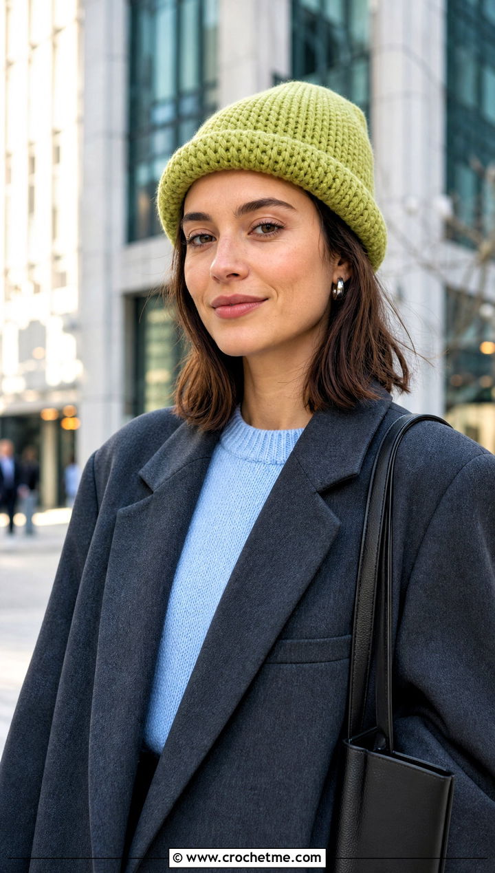 Rolled Brim Chunky Beanie With Suit - 35 crochet chunky beanie outfit ideas