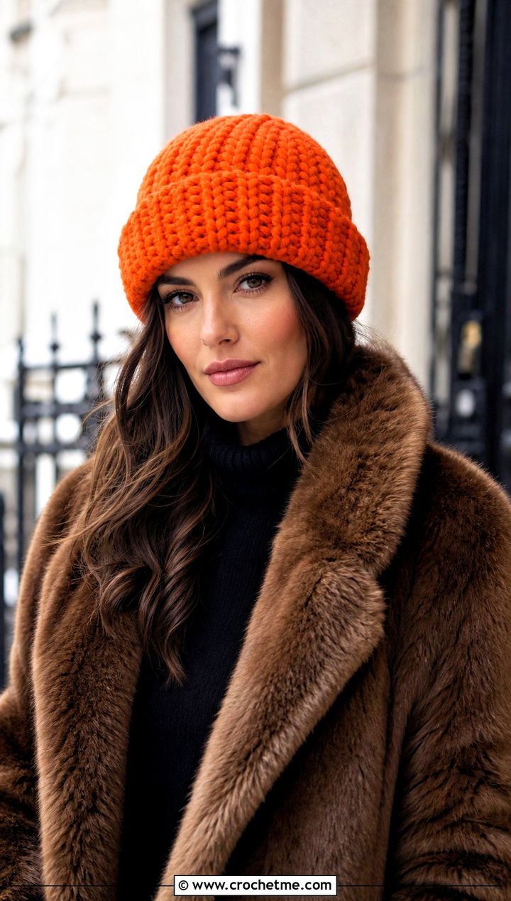 Rolled Brim Chunky Ribbed Crochet Hat With Faux Fur Coat - 25 Chunky Ribbed Crochet Hat outfit ideas