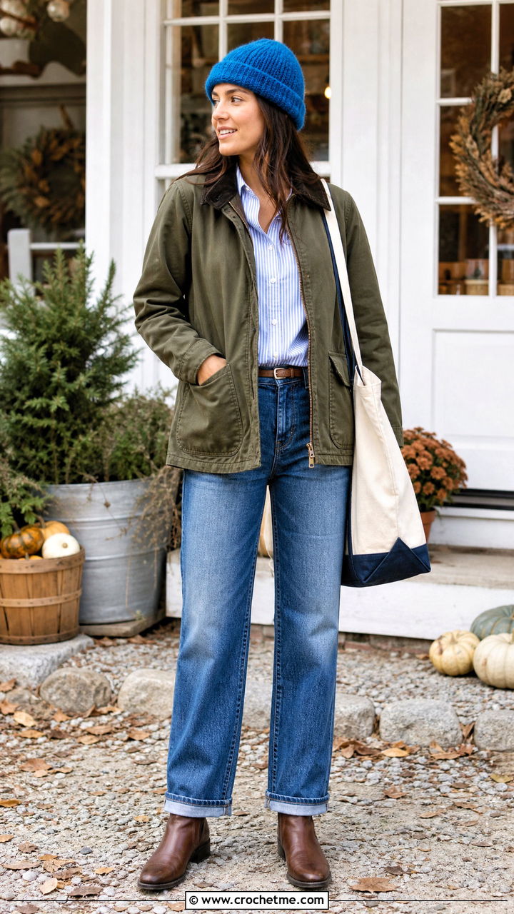 Rolled Brim Crochet Beanie With Barn Jacket - 35 aesthetic crochet beanie outfit ideas