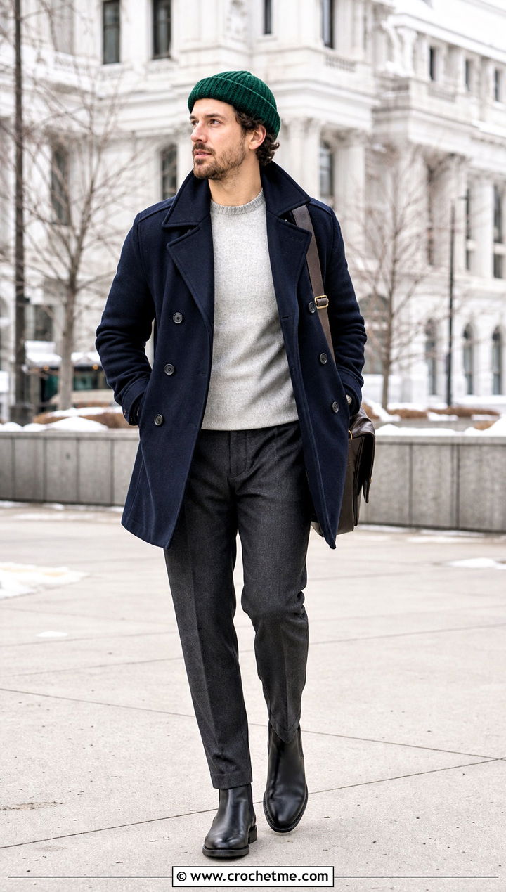 Rolled Brim Crochet Beanie With Peacoat - 35 Men Crochet Beanie outfit ideas
