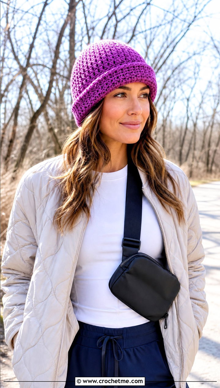 Rolled Brim Crochet Beanie With Quilted Jacket And Joggers - 20 classic crochet beanie outfit ideas