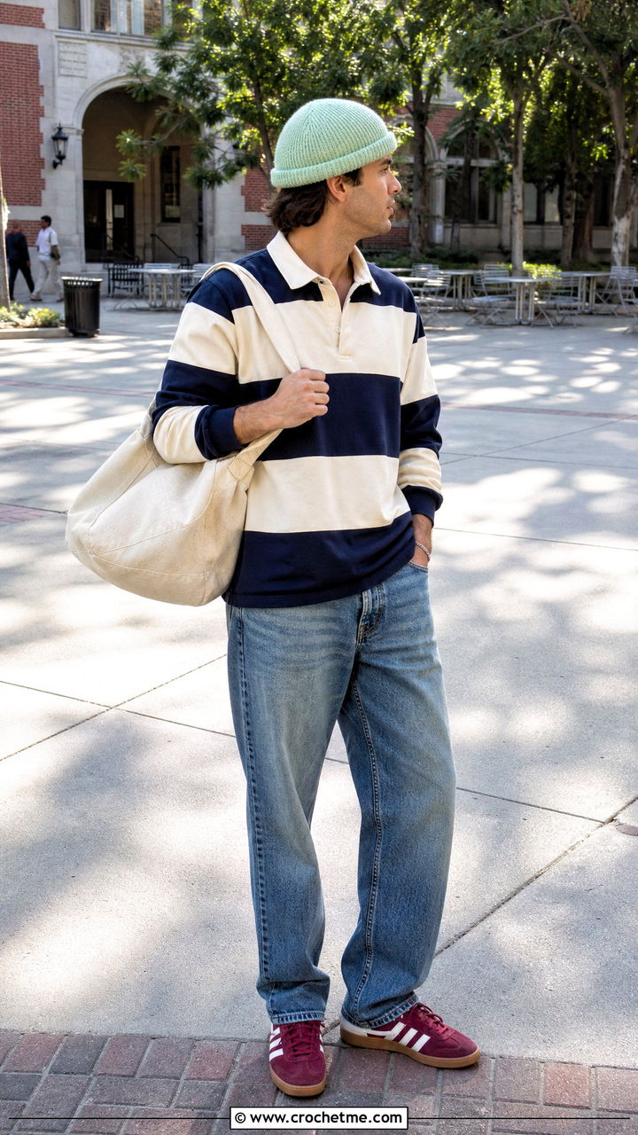 Rolled Brim Crochet Beanie With Rugby Shirt - 35 men's crochet beanie outfit ideas