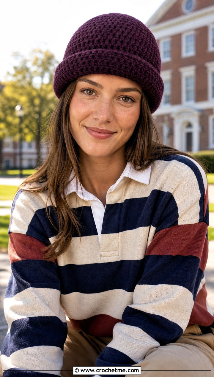 Rolled Brim Crochet Beanie With Rugby Shirt And Chinos - 30 crochet fall beanie outfit ideas