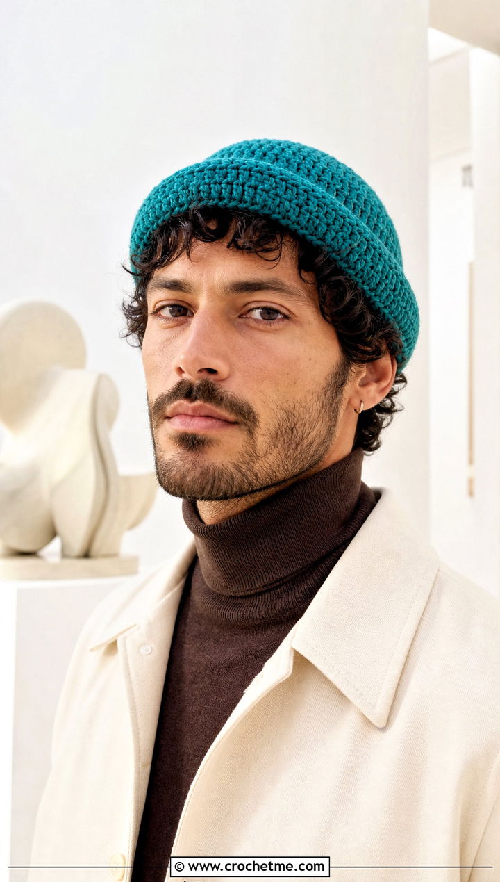 Rolled Brim Crochet Beanie With Turtleneck - 30 mens crochet hats men's beanie outfit ideas