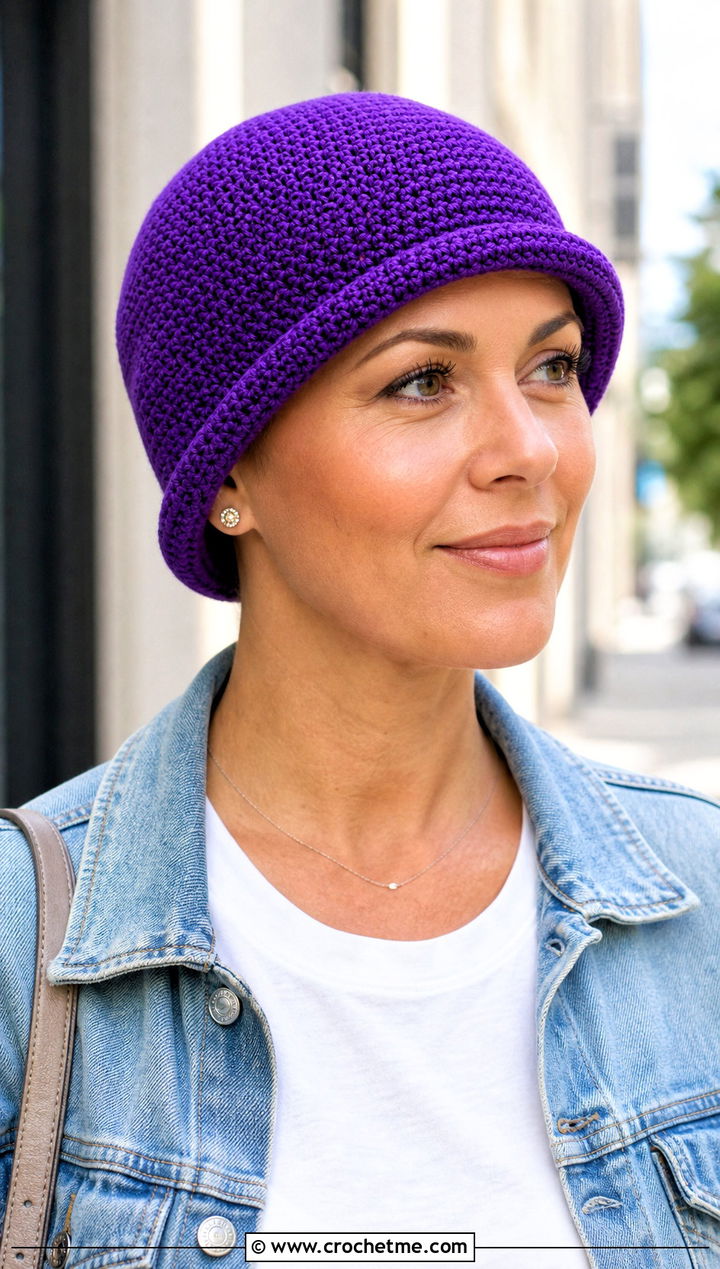 Rolled Brim Crochet Chemo Cap With Denim Jacket And T Shirt - 20 Crochet Summer Chemo Caps outfit ideas