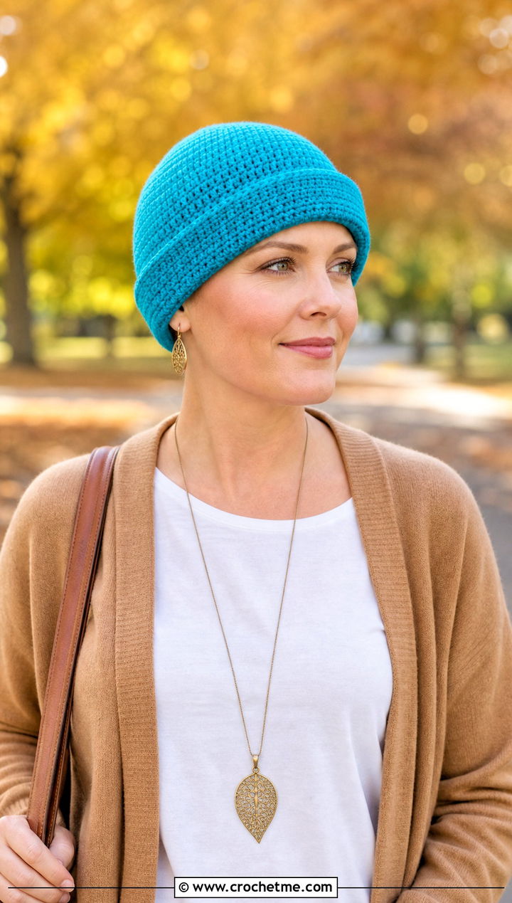 Rolled Brim Crochet Chemo Cap With Fall Cardigan - 30 crochet chemo hat outfit ideas