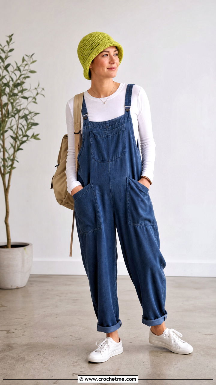 Rolled Brim Crochet Chemo Cap With Overalls - 35 crochet chemo caps outfit ideas