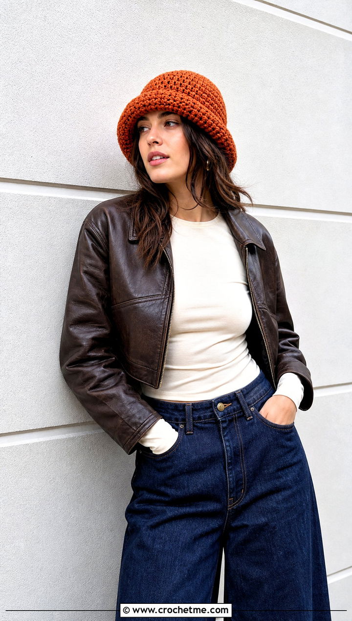 Rolled Brim Crochet Cloche Hat With Wide Leg Jeans - 25 Cloche Crochet Hat outfit ideas