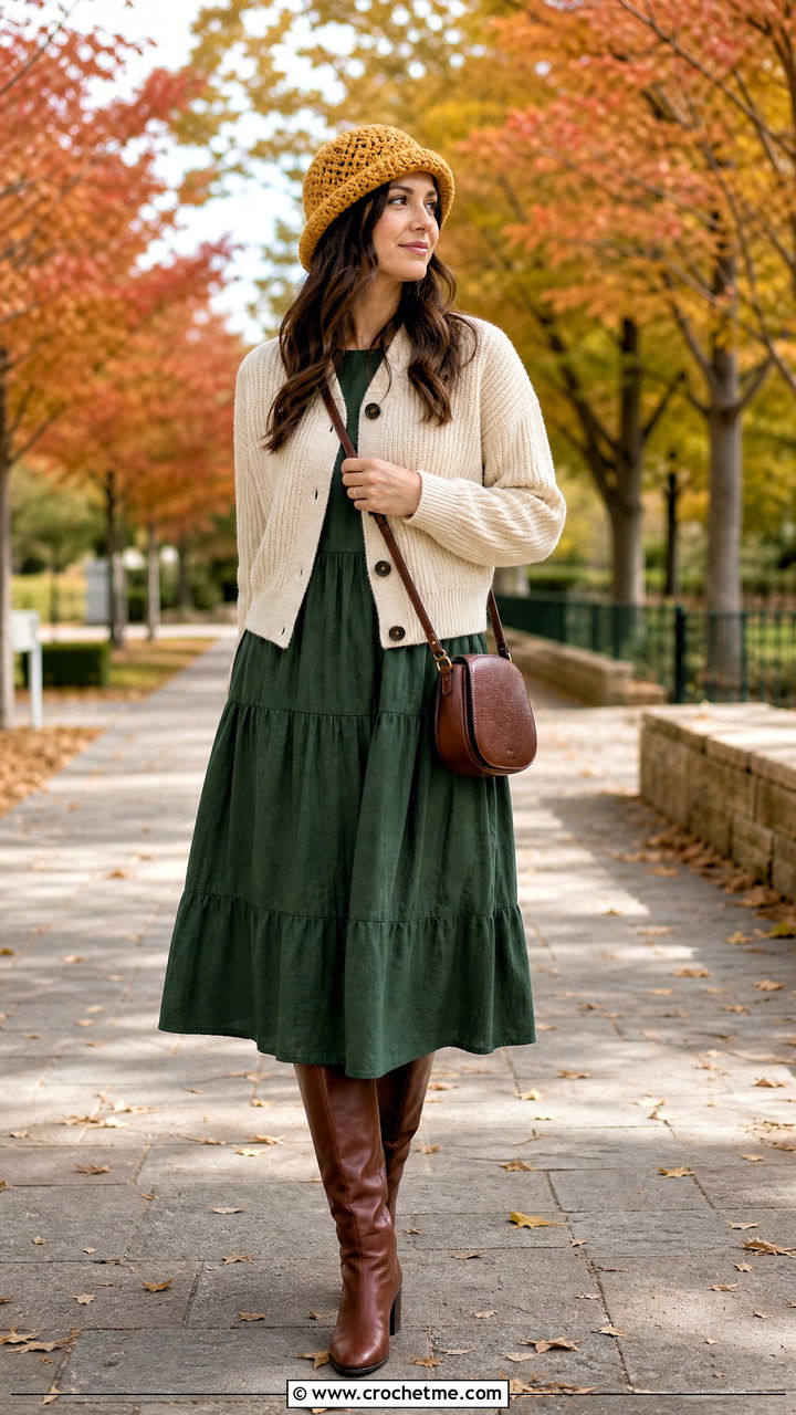 Rolled Brim Crochet Hat With Cardigan And Midi Dress - 35 crochet brim hat outfit ideas