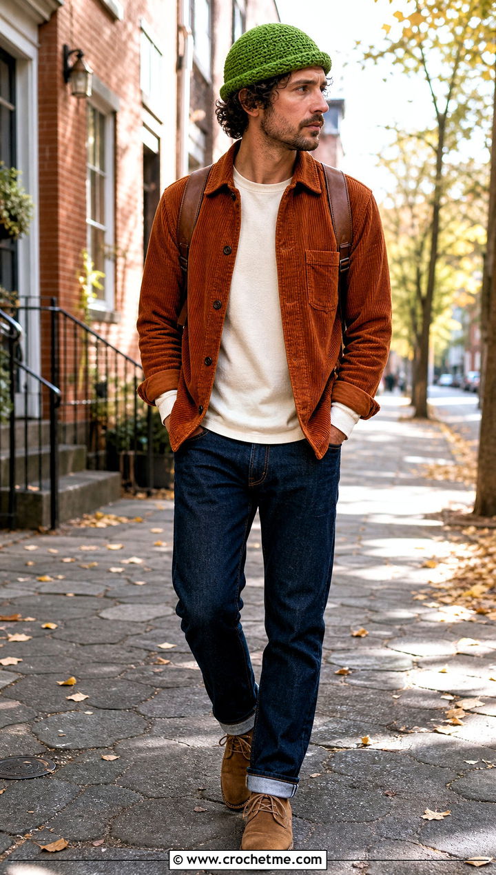 Rolled Brim Crochet Hat With Corduroy Outfit - 15 Crochet Mens Hat With Brim outfit ideas