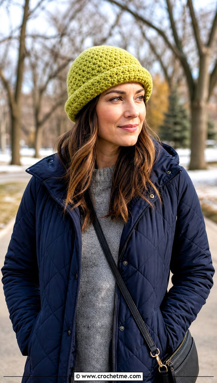 Rolled Brim Crochet Hat With Quilted Coat - 25 Easy Crochet Hats With Brim outfit ideas