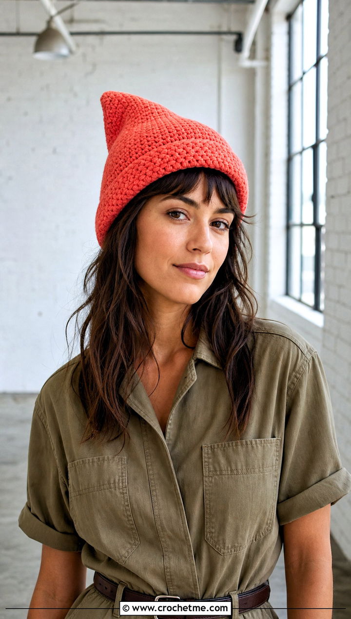 Rolled Brim Crochet Pointed Hat With Utility Jumpsuit - 25 Crochet Pointed Hat outfit ideas