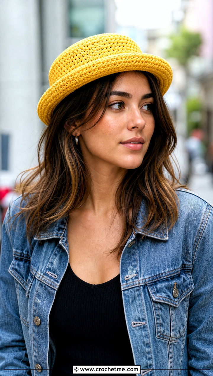 Rolled Brim Crochet Pork Pie Hat With Denim Jacket - 25 crochet pork pie hat outfit ideas