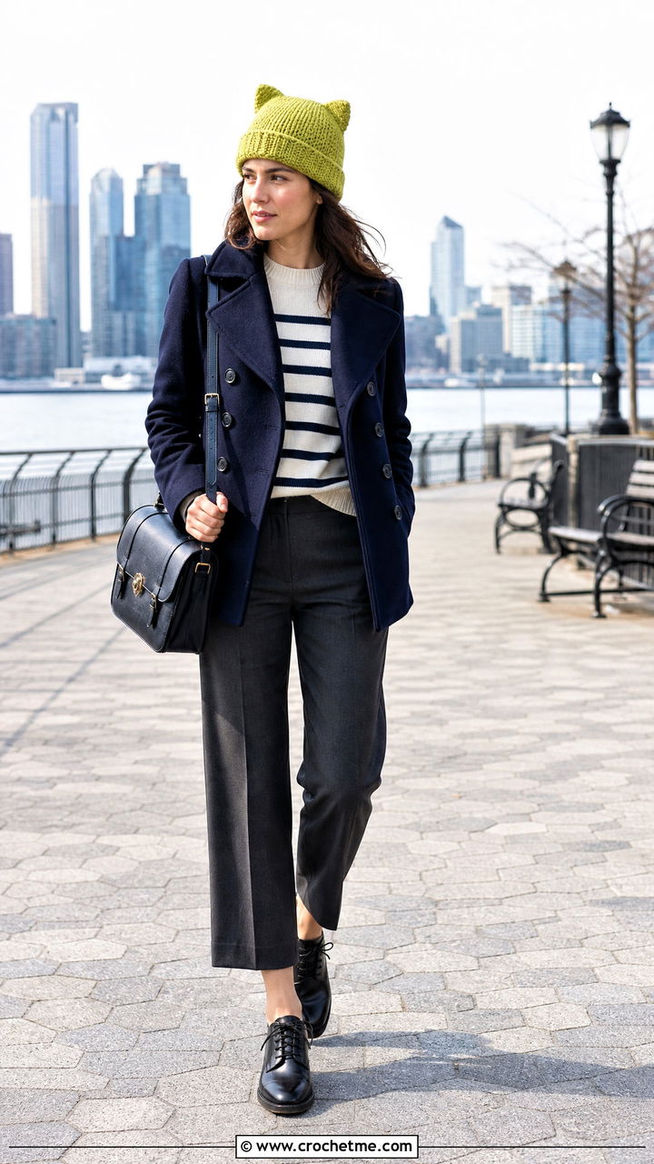 Rolled Brim Finn Hat With Peacoat And Cropped Trousers - 35 crochet finn hat outfit ideas