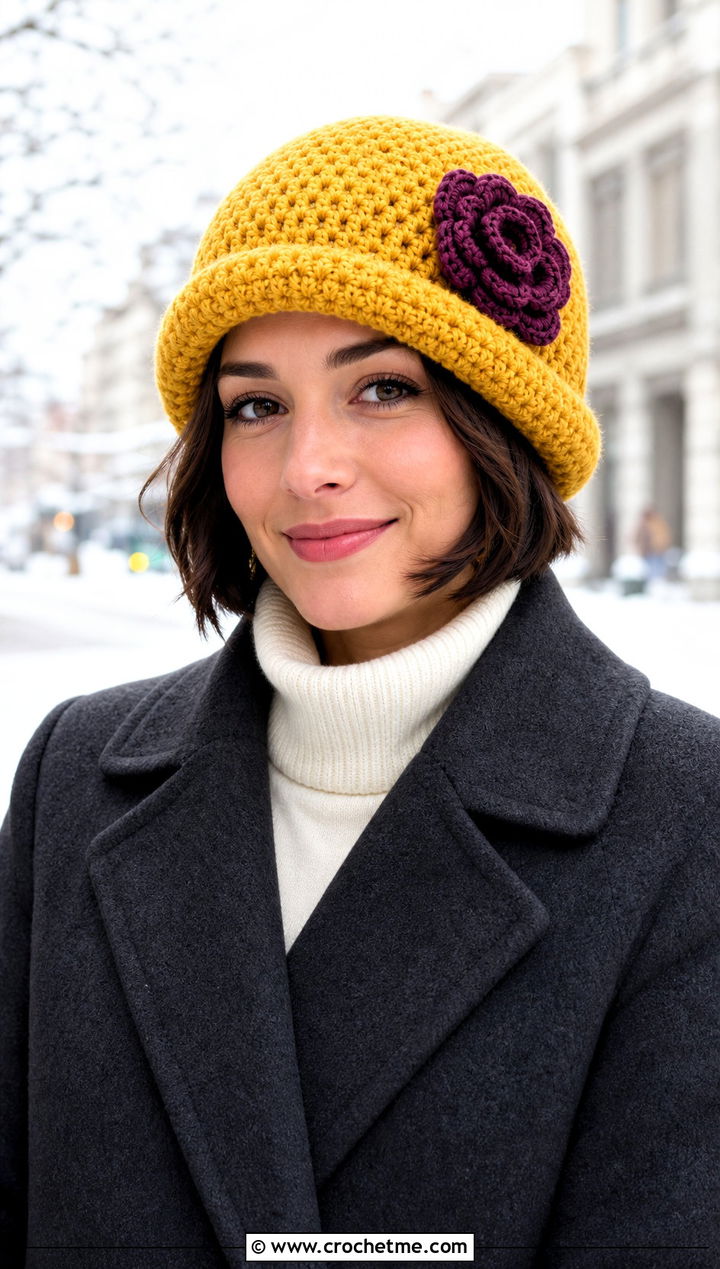 Rolled Brim Flower Beanie With Wool Coat - 30 crochet flower beanie outfit ideas