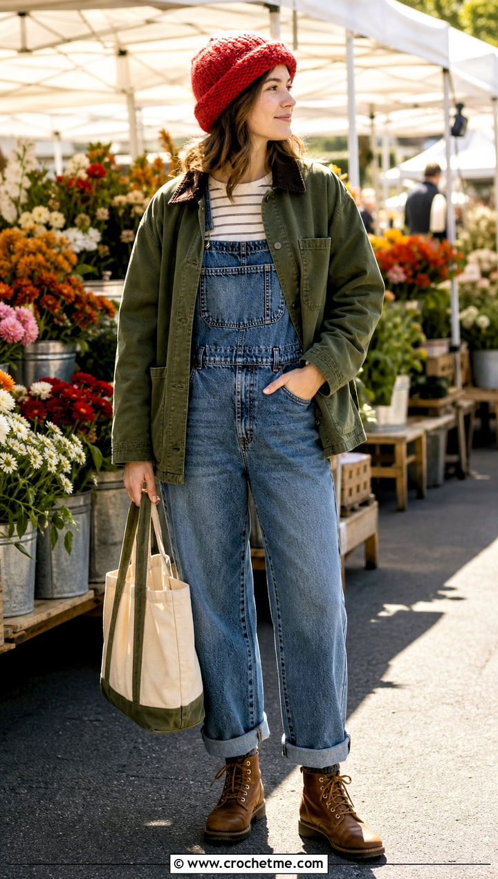 Rolled Brim Mohair Crochet Beanie With Barn Jacket And Overalls - 35 mohair crochet beanie outfit ideas