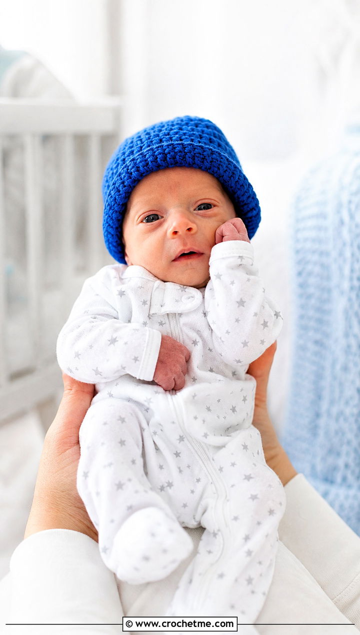 Rolled Brim Preemie Crochet Beanie With Footed Sleeper - 25 premie crochet hat outfit ideas