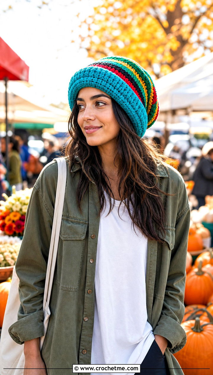Rolled Brim Rasta Beanie With Shacket And Leggings - 25 crochet rasta beanie outfit ideas
