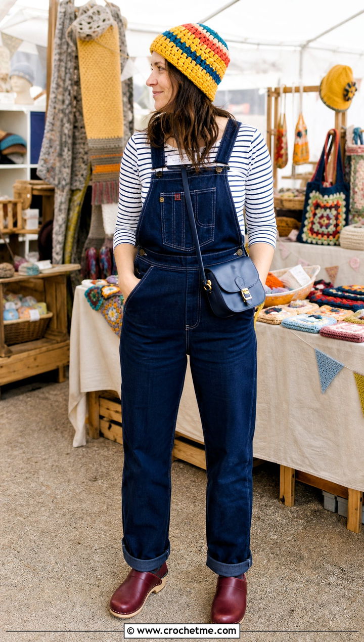 Rolled Brim Scrap Beanie With Overalls - 35 crochet scrap beanie outfit ideas