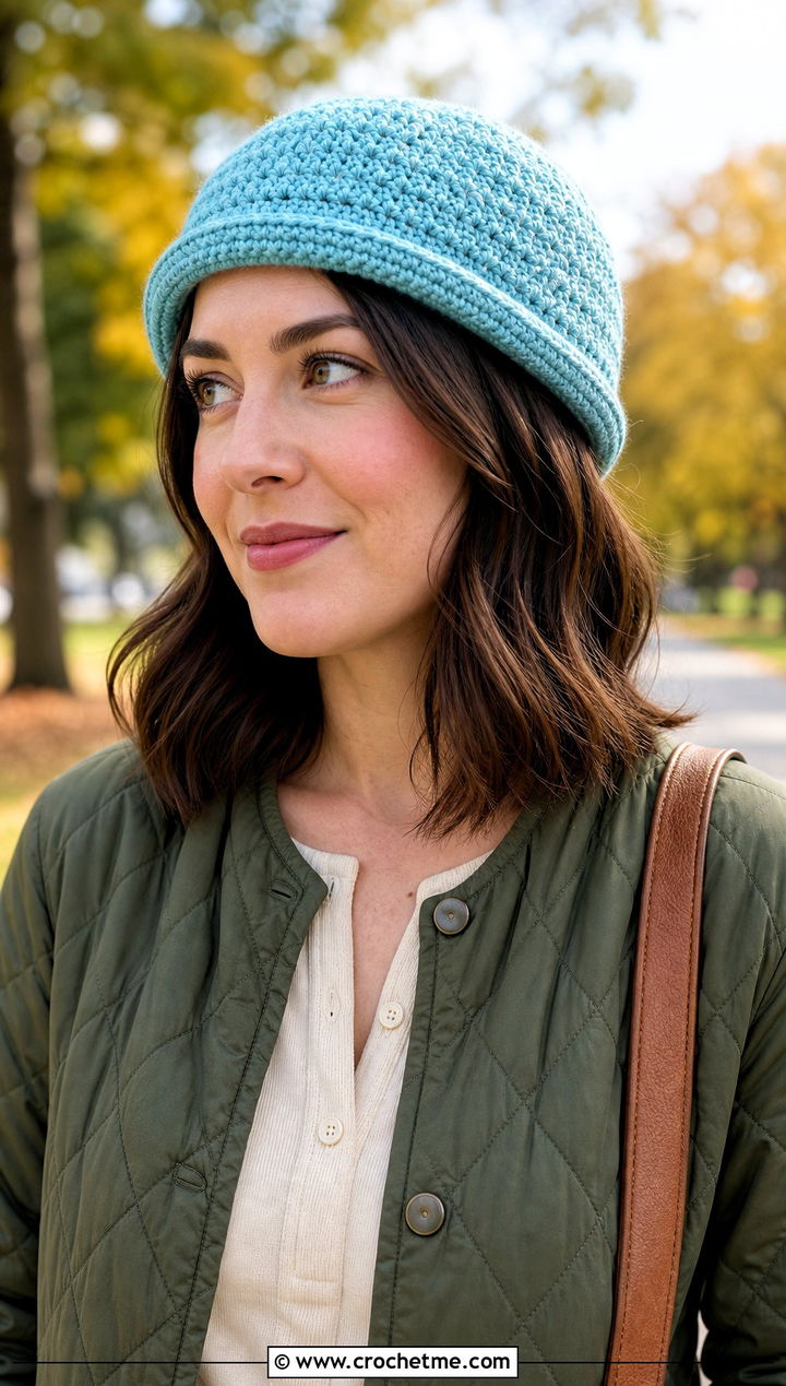 Rolled Brim Short Row Hat With Quilted Jacket - 25 Crochet Short Rows Hat outfit ideas