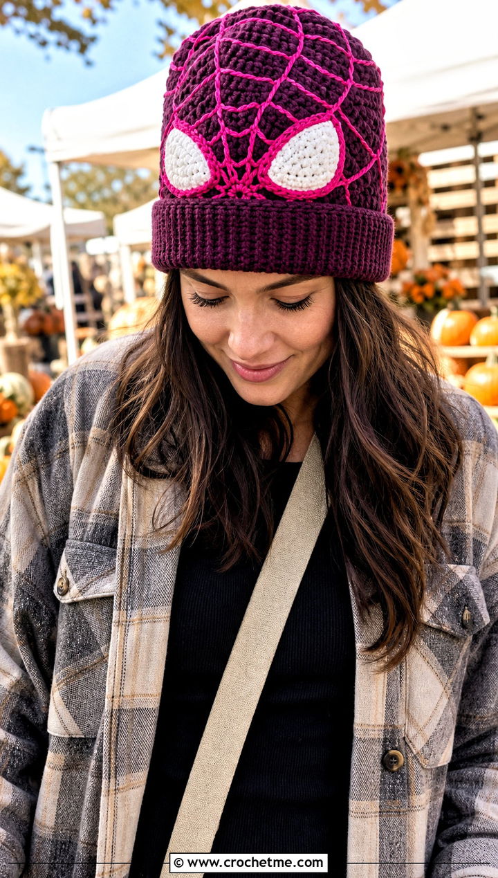 Rolled Brim Spider Gwen Crochet Beanie With Shacket - 20 Spider Gwen Crochet Beanie outfit ideas