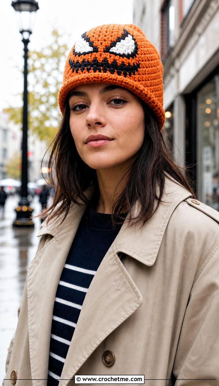 Rolled Brim Venom Crochet Beanie With Trench Coat - 25 venom crochet beanie outfit ideas