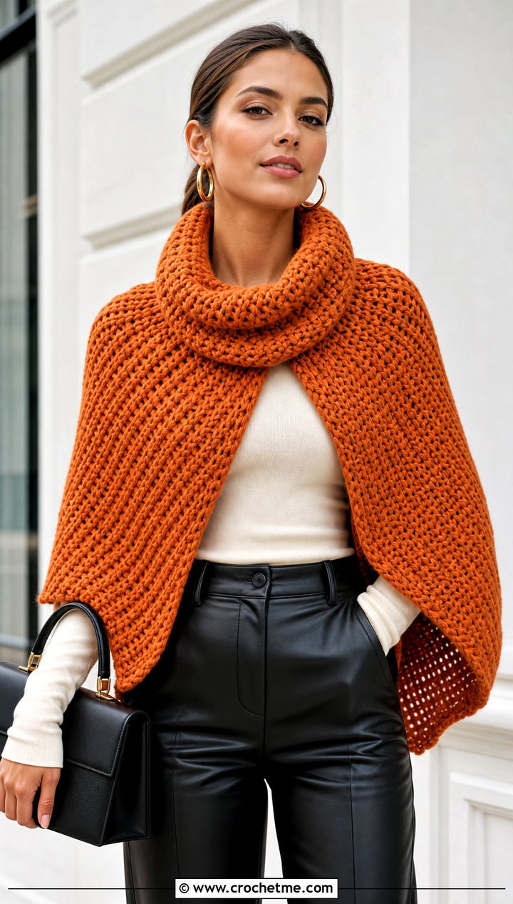 Rolled Collar Highlander Shawl With Leather Pants - 20 Crochet Highlander Shawl outfit ideas