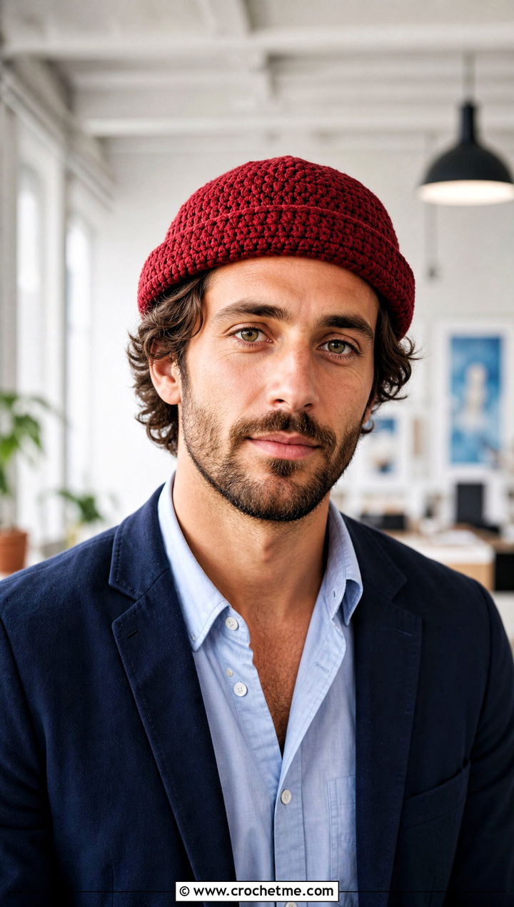 Rolled Cuff Crochet Beanie With Blazer - 25 easy crochet beanie for men outfit ideas