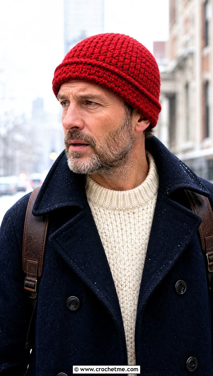 Rolled Edge Crochet Skull Cap With Peacoat And Wool Pants - 25 Crochet Skull Cap For Men outfit ideas