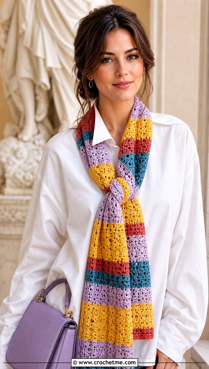 Romana Inspired Doctor Who Crochet Scarf With White Shirt And Trousers - 25 Doctor Who Crochet Scarf outfit ideas