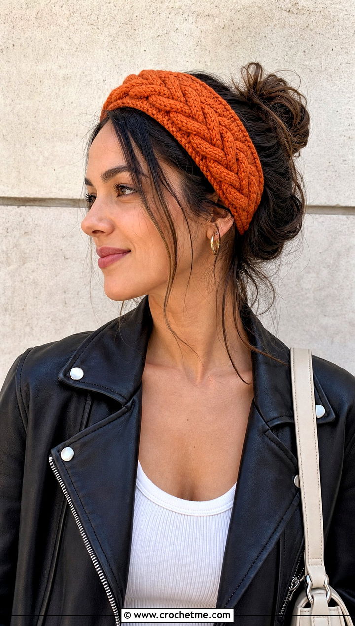 Rope Cable Headband With Leather Jacket - 25 crochet cable headband outfit ideas