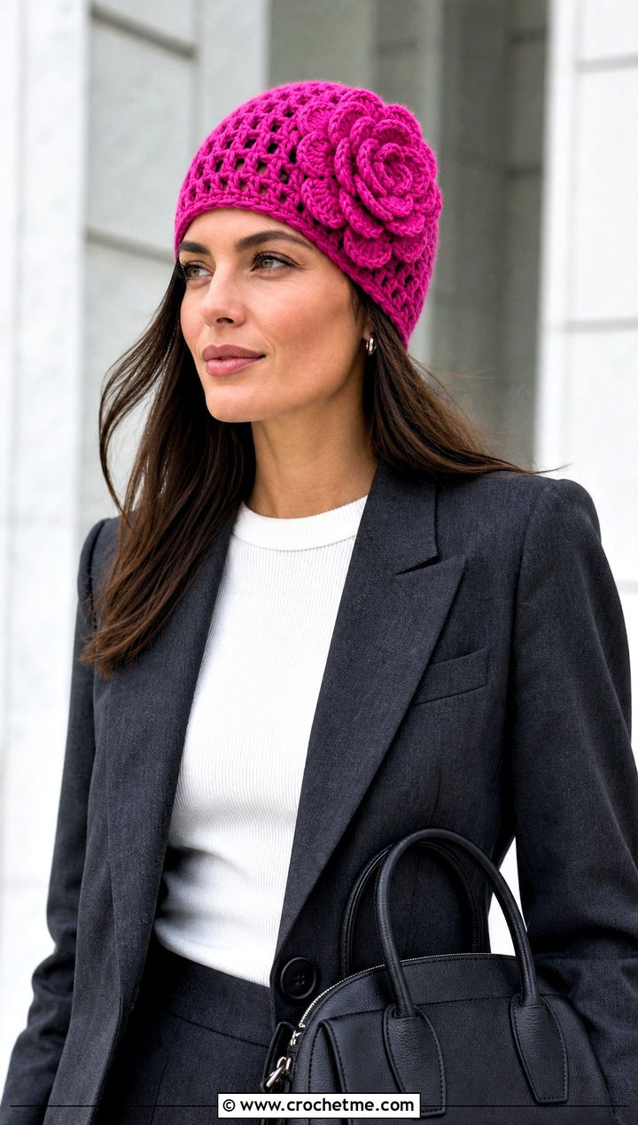 Rose Applique Crochet Beanie With Blazer And Jeans - 30 crochet flower beanie outfit ideas