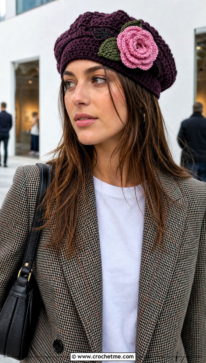 Rose Applique Crochet Beret With Blazer And Jeans - 30 crochet flower hat outfit ideas