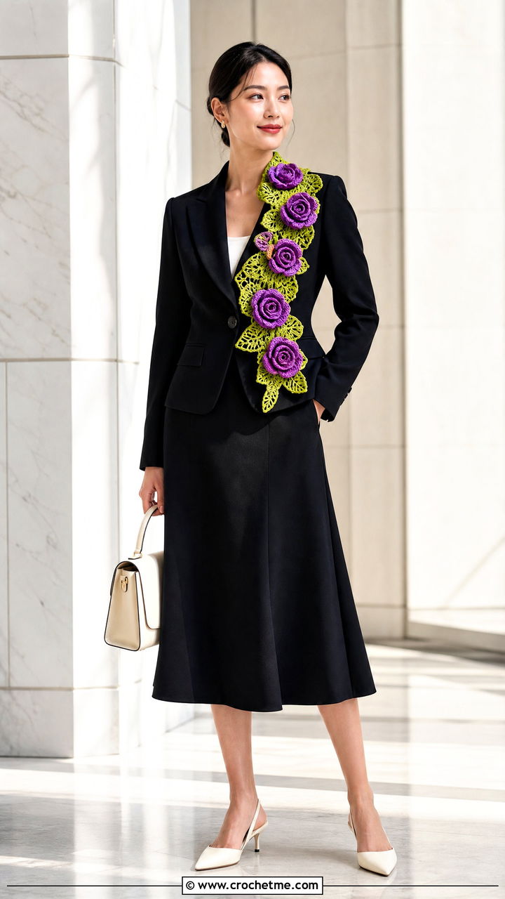 Rose Applique Crochet Flower Scarf With Blazer And Midi Skirt - 35 crochet flower scarf outfit ideas