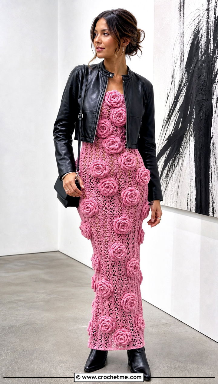 Rose Applique Crochet Maxi Dress With Leather Jacket - 15 vintage floral crochet dress outfit ideas
