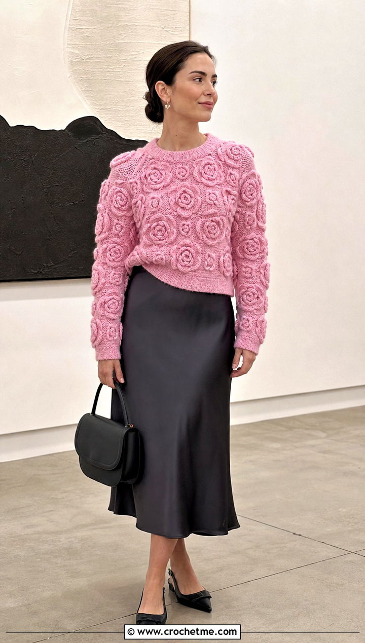 Rose Applique Crochet Sweater With Satin Midi Skirt - 15 floral crochet sweater style outfit ideas