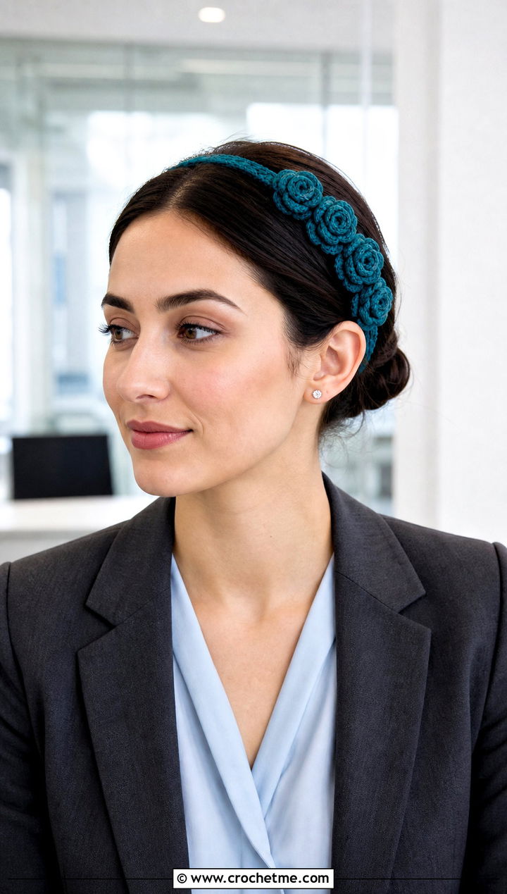 Rose Applique Elastic Crochet Flower Headband With Office Outfit - 15 crochet flower headband with elastic outfit ideas