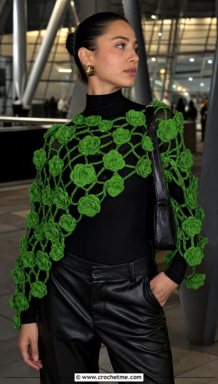 Rose Applique Mesh Shawl With Leather Pants - 20 Crochet Rose Shawl outfit ideas