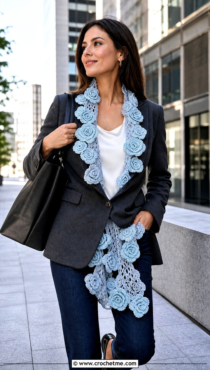 Rose Border Shawl With Blazer And Jeans - 20 Crochet Rose Shawl outfit ideas